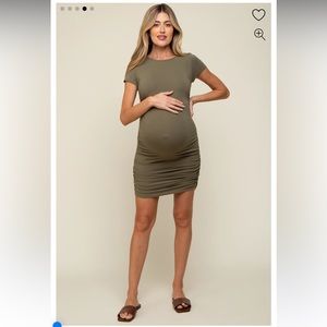 Olive Ruched Fitted Short Sleeve Maternity Dress S
